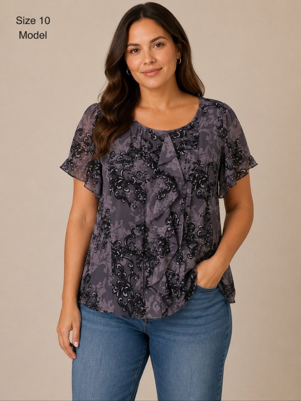 Apt. 9 Gray and Black Ruffled Short-Sleeve Blouse Size 1X